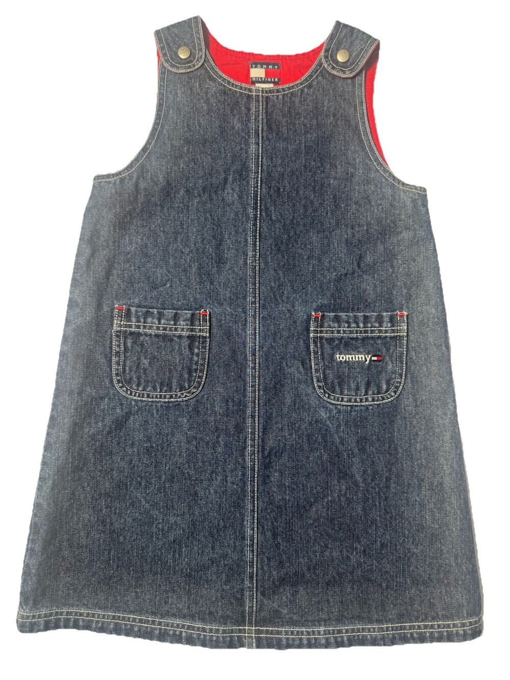 Vintage Y2K Tommy Hilfiger Girls Denim Jumper Dress Size 5 Blue Jean Pinafore